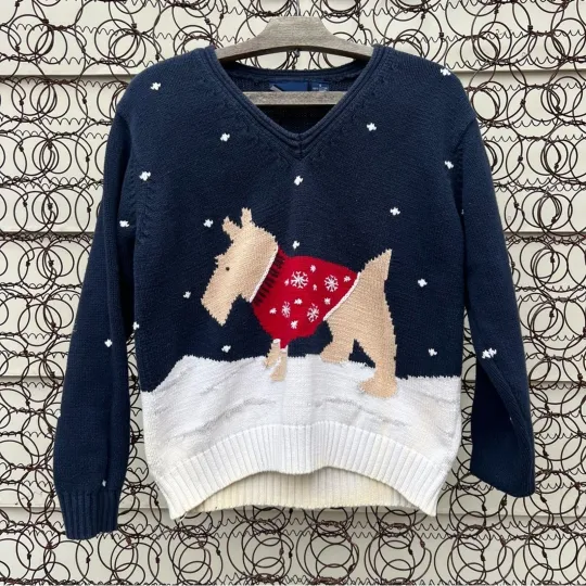Vintage 90s Winter Christmas dog Terrier in sweater Ugly Sweater SMALL