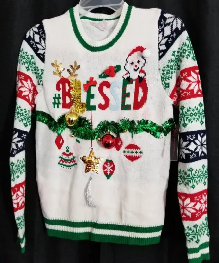 Ugly Christmas Sweater Reindeer~3D ornaments~BLESSED~BELIEVE NOBO No Boundaries