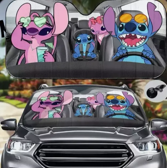 Stitch & Angel Cartoon Car Sunshade, Man Cave Car Garage Accessories Home Decor