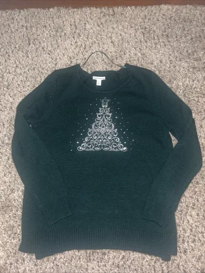 Discover CROFT & BARROW Womens Size LARGE green Ugly Christmas Tree Sweater Embroidered