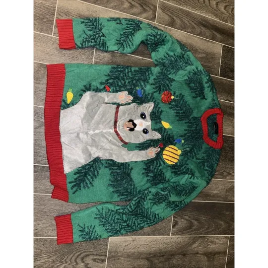 Discover Blizzard Bay Christmas Sweater Holiday Green Kitty Cat Ornaments Ugly Sz Large