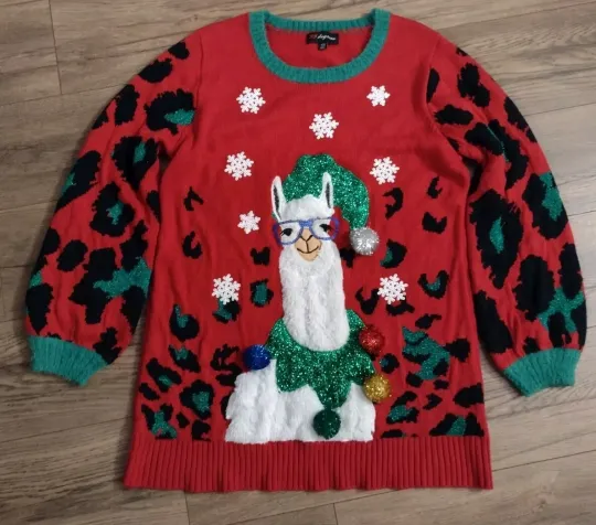 Discover Ugly Christmas Sweater 2X* Llama With Glasses Sequins Glitter Pom Poms