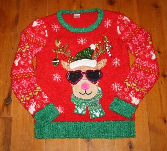 Discover Holiday Time UGLY CHRISTMAS SWEATER Red REINDEER SUNGLASSES Large NICE