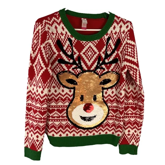 Discover Ugly Christmas Sweater Reindeer Sequin Changing Eyes Women Juniors M 7-9