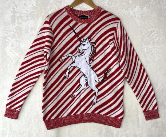 Blizzard Bay Ugly Sweater Womens Small Christmas Unicorn Red White Candy Stripe