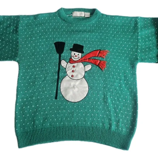 Green Sweater Winter Snowman Wearing Red Scarf Ugly Christmas Women's Size L