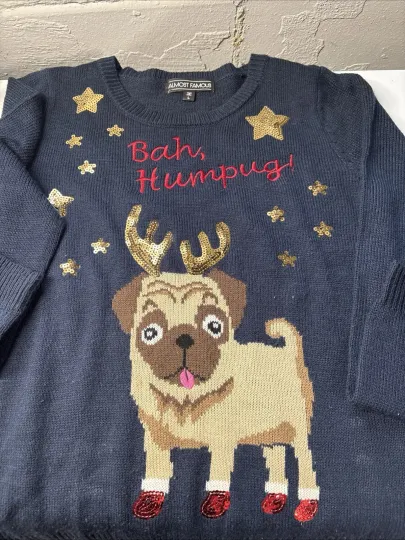Pug Ugly Christmas Sweater Charlotte Russ Almost Famous Size Large Blue