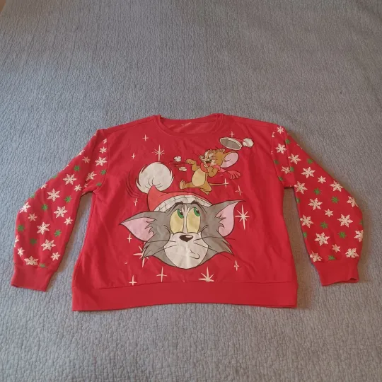Discover Tom and Jerry Light up Ugly Christmas pullover Sweater Red Graphic Print M/L