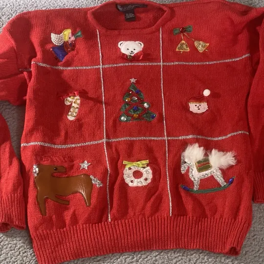 Discover Vintage Red 90s 3D Ugly Christmas Sweater Holiday Party Work In progress Sz L