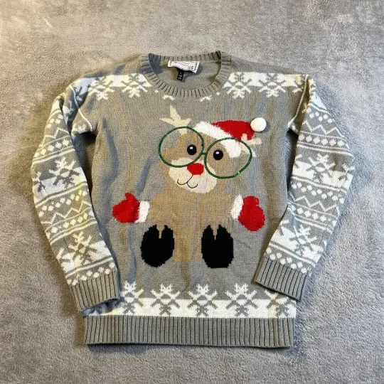 Derek Heart Womens Christmas Ugly Sweater Pullover Snowflakes L Gray Ribbed