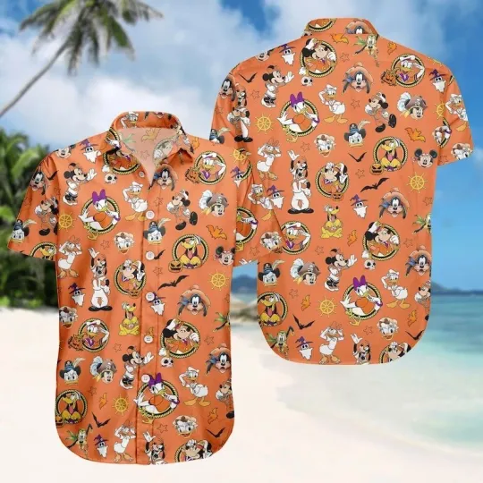 Discover Disney Halloween Mickey Mouse & Friends Cruise Pirate Orange Hawaiian Shirt