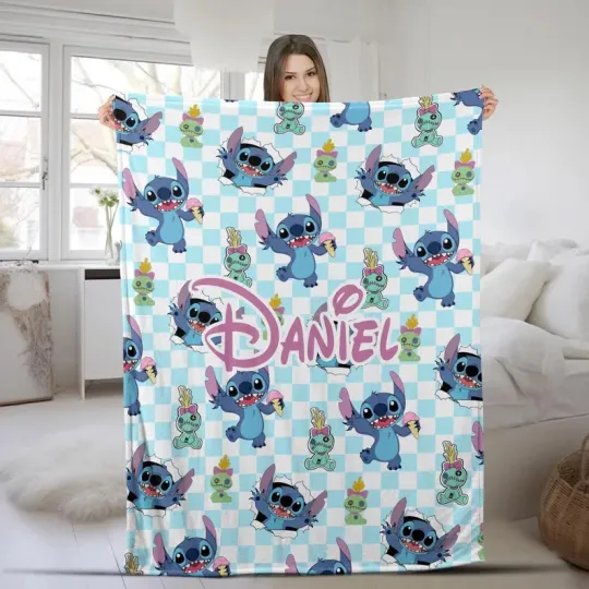 Discover Disney Stitch With Cute Doll Blue Checkered Pattern Customize Fleece Blanket