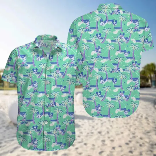 Discover Disney Mickey Mouse Palm Trees Retro Green Hawaiian Shirt, Gift for Fan