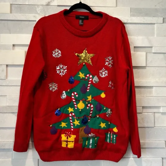 Discover FOREVER 21 Ugly Christmas Tree Sweater Sequins Bells Candy M Festive Holiday