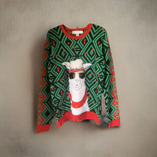 Jolly Sweaters Ugly Christmas Sweater Sunglasses Wearing Llama Size M