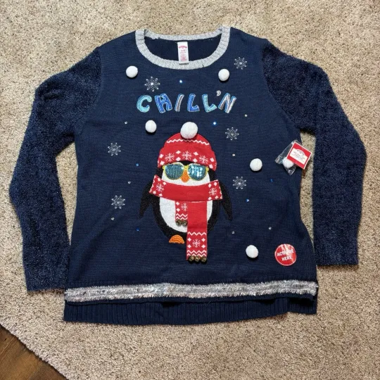 Holiday Time Women's XL LED Light Up Christmas Sweater Penguin Knit Jingle Bells
