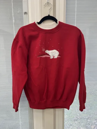Discover Vintage Top Stitch Red Christmas Crewneck Sweater Size Medium Polar Bear Ugly