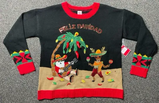 Feliz Navidad Knit Ugly Sweater Medium 8-10 Crewneck Christmas Chili Pepper