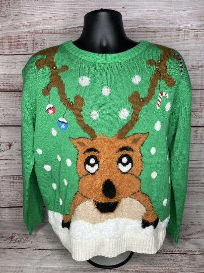Discover Jingle Bell Reindeer Face Ugly Christmas Sweater Size Large