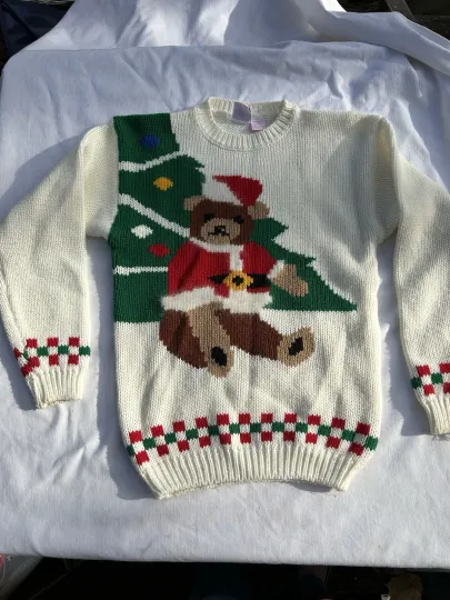 Discover East Bay Gear Women's Christmas Sweater Tree Teddy Bear Size L 14 Vintage