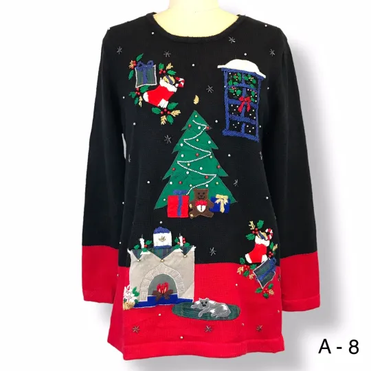 Vtg Nutcracker Womens Ugly Christmas Sweater Size S Tree Fireplace Dog Gifts