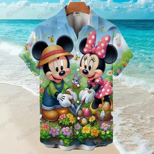 Discover Disney Mickey Mouse Cute Coupe Growing Flowers Aloha Hawaiian Shirt