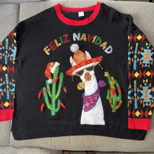 HOLIDAY TIME Sweater Feliz Navidad Ugly Christmas  1X(16w-18w) Chilies 3D Tinsel