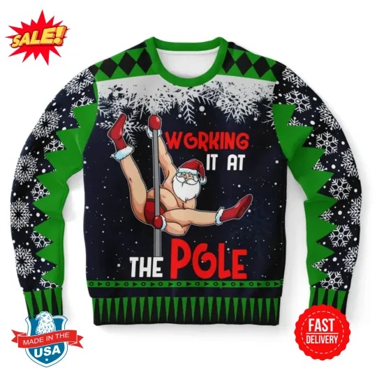 Discover Ugly Christmas Sweater Working It at the Pole Funny Santa Christmas Sweater