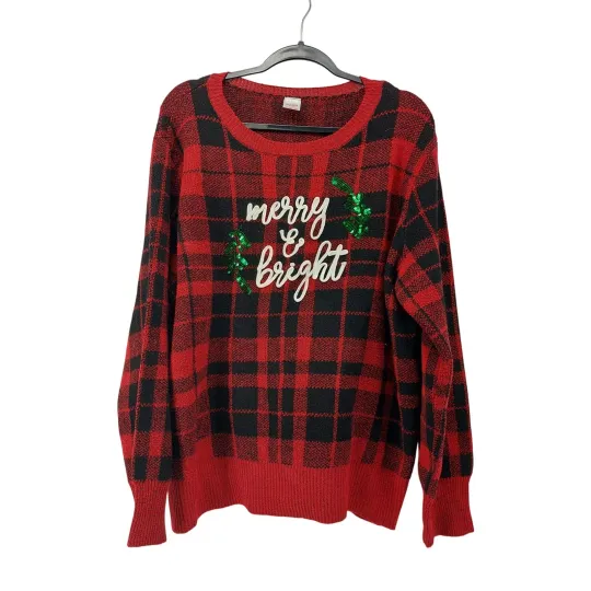 Discover Holiday Time Ugly Christmas Sweater Sz 1X Plaid Merry Bright