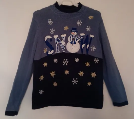 Discover Vintage Basic Editions SNOW Holiday Christmas Ladies Snowman Ugly Sweater LARGE
