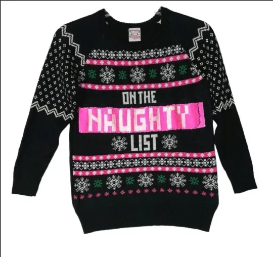 Well Worn Sweater KNIT UGLY CHRISTMAS SWEATER REVERSIBLE SEQUIN SANTA SZ L