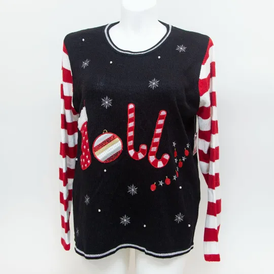 Holiday Time Womens Ugly Xmas Sweater JOLLY XXL(20) Black Red Candy Cane