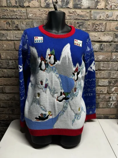 Ugly Christmas Sweater Penguins Gamer Holiday Print Womens 2XL Blue Long Sleeve