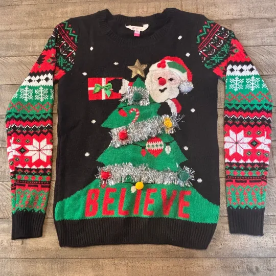 No Boundaries Black Ugly Christmas Sweater with Santa Claus Tree Tinsel Size S