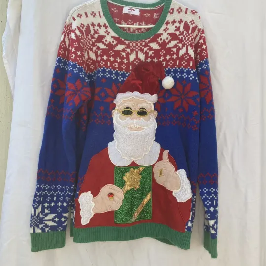 2XL Ugly Christmas Sweater 3D Cool Santa Bling Gift Glasses Kitsch Holidaytime