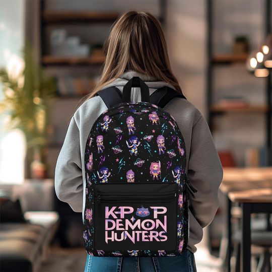 Discover Kpop Demon Hunters Huntrix Patterned Backpack  Anime Gamer School Bag Stylish Kpop Merch Huntrix Print Travel or Laptop Backpack