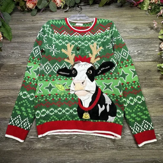 Ugly Christmas Sweater COW Antlers & Bell Holly Holiday Time Size Small (34-36)