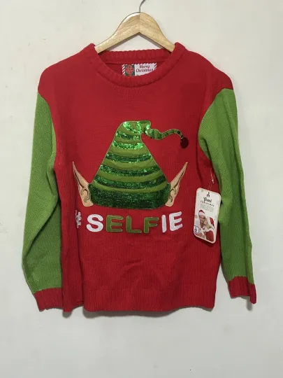 Ugly Christmas Sweater Women’s Medium Selfie Elf Red Green Sequins
