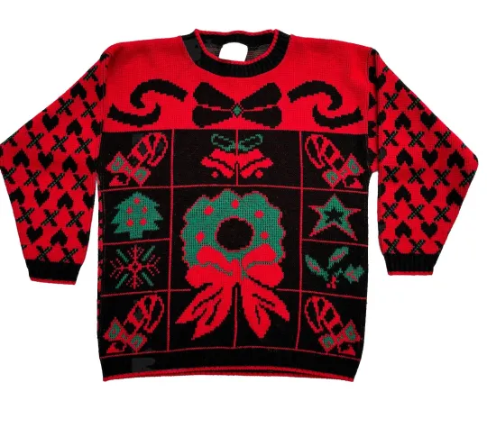 Discover Ugly Christmas Sweater Wreath Knit Force Pullover Red Multi Sz Small USA Vintage