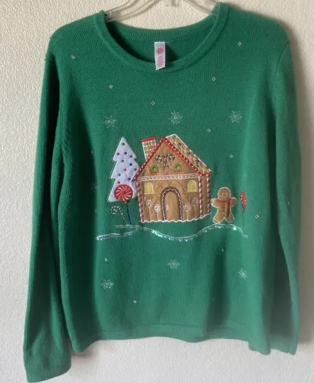 Discover Green Gingerbread Man & House Beaded Ribbed Knit Ugly Christmas Sweater Sz L