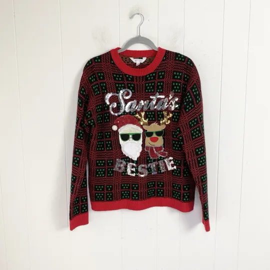 UGLY CHRISTMAS SWEATER No Boundaries Santa's Bestie Women's Size L (11-13)