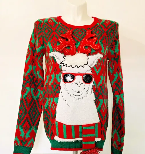 Discover Holiday Time Womens Ugly Christmas Sweater  Llama Sunglasses Sz M 38-40Red Green
