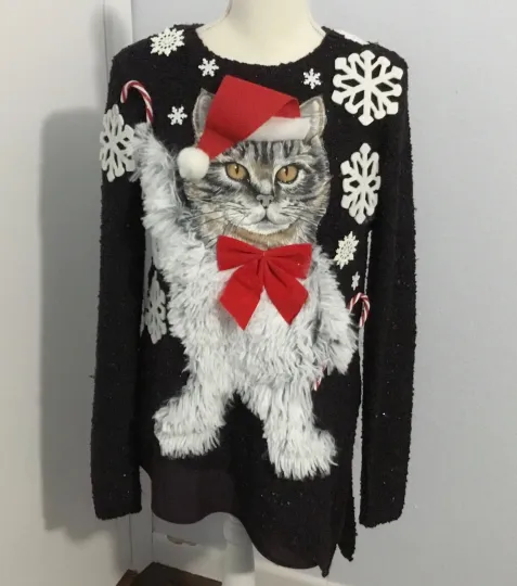 Discover Ugly Christmas Sweater Party, Giant Kitty Cat w/ Santa Hat Winner! Womens Medium