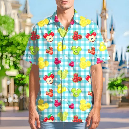 Discover Mickey Fruits and Gingham Adults Kids Short Sleeve Button Up Shirt | disney world disneyland family group plus size hawaiian cruise cosplay