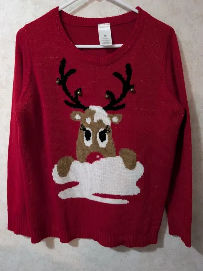 Reindeer Womens Ugly Christmas Sweater Jingle Bells Red Knit Long Sleeve XL