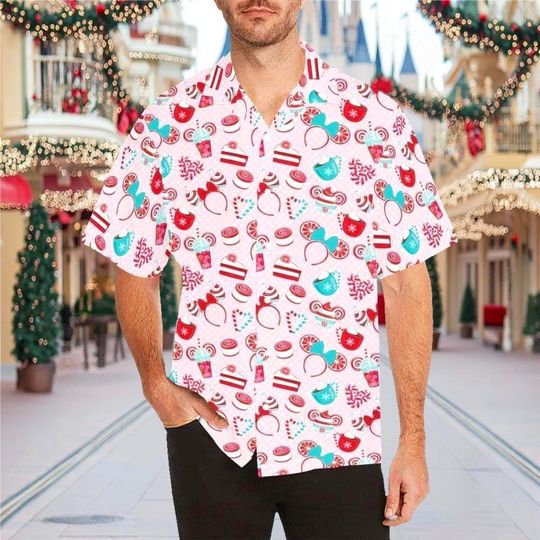 Discover Peppermint Minnie Snacks Adults Kids Short Sleeve Button Up Shirt | disney world disneyland plus size christmas hawaiian cruise cosplay