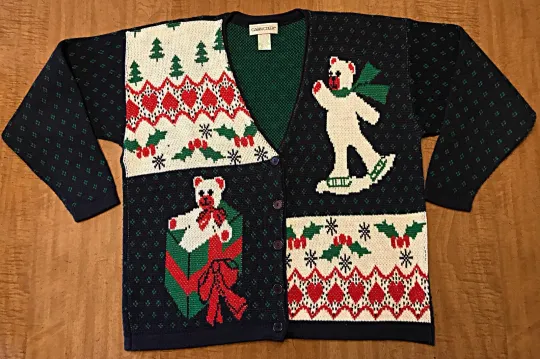 Discover Ugly Christmas Sweater Cardigan Holiday Bear Cabin Creek Size L Blue Green Red