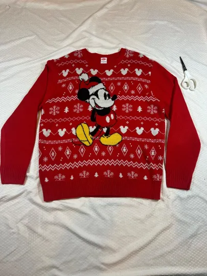 Disney Mickey Mouse Ugly Christmas Sweater Santa Red Heart SnowFlake Size XL