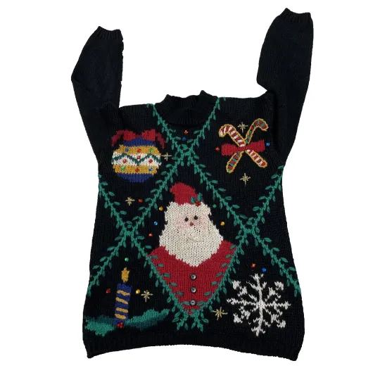 Discover CABIN CREEK Vtg 90s Holiday Art Sweater L Black Ramie Christmas Santa Knit 42"