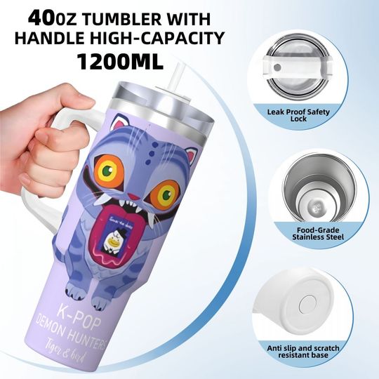 Discover Stainless Steel Tumbler KPop Demon Hunters Car Mugs With Straws tiger and bird Driving Cold and Hot Water Bottle